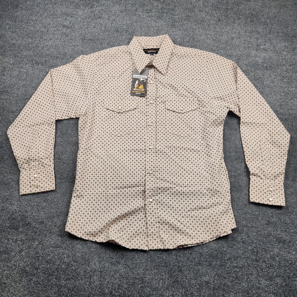 The American West Men Pearl Snap Shirt Medium White Burgundy Geometric Print USA